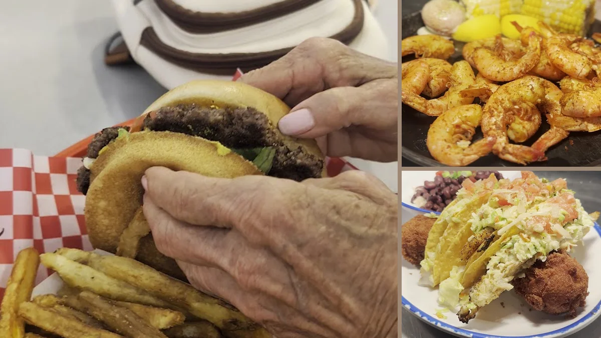 Burgers and fries on a casual restaurant table.